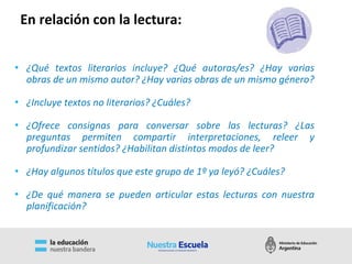 • ¿Qué textos literarios incluye? ¿Qué autoras/es? ¿Hay varias
obras de un mismo autor? ¿Hay varias obras de un mismo género?
• ¿Incluye textos no literarios? ¿Cuáles?
• ¿Ofrece consignas para conversar sobre las lecturas? ¿Las
preguntas permiten compartir interpretaciones, releer y
profundizar sentidos? ¿Habilitan distintos modos de leer?
• ¿Hay algunos títulos que este grupo de 1º ya leyó? ¿Cuáles?
• ¿De qué manera se pueden articular estas lecturas con nuestra
planificación?
En relación con la lectura:
 
