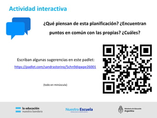 Actividad interactiva
¿Qué piensan de esta planificación? ¿Encuentran
puntos en común con las propias? ¿Cuáles?
Escriban algunas sugerencias en este padlet:
https://padlet.com/sandrastorino/5chn9diqwpe26001
(todo en minúscula)
 