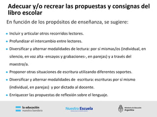 ● Incluir y articular otros recorridos lectores.
● Profundizar el intercambio entre lectores.
● Diversificar y alternar modalidades de lectura: por sí mismas/os (individual, en
silencio, en voz alta -ensayos y grabaciones-, en parejas) y a través del
maestro/a.
● Proponer otras situaciones de escritura utilizando diferentes soportes.
● Diversificar y alternar modalidades de escritura: escrituras por sí mismo
(individual, en parejas) y por dictado al docente.
● Enriquecer las propuestas de reflexión sobre el lenguaje.
En función de los propósitos de enseñanza, se sugiere:
Adecuar y/o recrear las propuestas y consignas del
libro escolar
 