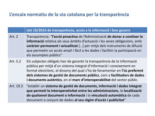 L’encaix normatiu de la via catalana per la transparència
Llei 19/2014 de transparència, accés a la informació i bon gover...