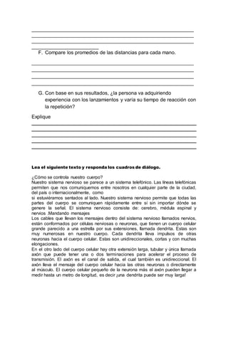 __________________________________________________________
__________________________________________________________
__________________________________________________________
________________________
F. Compare los promedios de las distancias para cada mano.
__________________________________________________________
__________________________________________________________
__________________________________________________________
__________________________________________________________
G. Con base en sus resultados, ¿la persona va adquiriendo
experiencia con los lanzamientos y varía su tiempo de reacción con
la repetición?
Explique
__________________________________________________________________
__________________________________________________________________
__________________________________________________________________
__________________________________________________________________
__________________________________________________________________
Lea el siguiente texto y responda los cuadros de diálogo.
¿Cómo se controla nuestro cuerpo?
Nuestro sistema nervioso se parece a un sistema telefónico. Las líneas telefónicas
permiten que nos comuniquemos entre nosotros en cualquier parte de la ciudad,
del país o internacionalmente, como
si estuviéramos sentados al lado. Nuestro sistema nervioso permite que todas las
partes del cuerpo se comuniquen rápidamente entre sí sin importar dónde se
genere la señal. El sistema nervioso consiste de: cerebro, médula espinal y
nervios .Mandando mensajes
Los cables que llevan los mensajes dentro del sistema nervioso llamados nervios,
están conformados por células nerviosas o neuronas, que tienen un cuerpo celular
grande parecido a una estrella por sus extensiones, llamada dendrita. Estas son
muy numerosas en nuestro cuerpo. Cada dendrita lleva impulsos de otras
neuronas hacia el cuerpo celular. Estas son unidireccionales, cortas y con muchas
elongaciones.
En el otro lado del cuerpo celular hay otra extensión larga, tubular y única llamada
axón que puede tener una o dos terminaciones para acelerar el proceso de
transmisión. El axón es el canal de salida, el cual también es unidireccional. El
axón lleva el mensaje del cuerpo celular hacia las otras neuronas o directamente
al músculo. El cuerpo celular pequeño de la neurona más el axón pueden llegar a
medir hasta un metro de longitud, es decir ¡una dendrita puede ser muy larga!
 