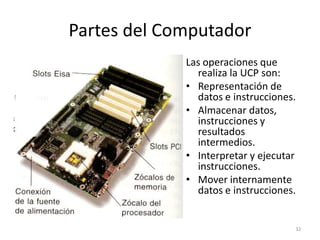 Partes del Computador
             Las operaciones que
               realiza la UCP son:
             • Representación de
               datos e instrucciones.
             • Almacenar datos,
               instrucciones y
               resultados
               intermedios.
             • Interpretar y ejecutar
               instrucciones.
             • Mover internamente
               datos e instrucciones.


                                    32
 