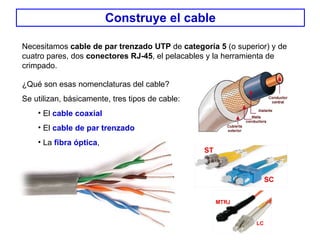 Construye el cable Necesitamos  cable de par trenzado UTP  de  categoría 5  (o superior) y de cuatro pares, dos  conectores RJ-45 , el pelacables y la herramienta de crimpado. ¿Qué son esas nomenclaturas del cable?  Se utilizan, básicamente, tres tipos de cable: El  cable coaxial El  cable de par trenzado La  fibra óptica ,   