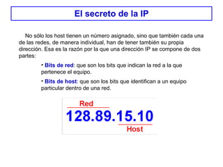 El secreto de la IP No sólo los host tienen un número asignado, sino que también cada una de las redes, de manera individual, han de tener también su propia dirección. Esa es la razón por la que una dirección IP se compone de dos partes: Bits de red : que son los bits que indican la red a la que pertenece el equipo.  Bits de host : que son los bits que identifican a un equipo particular dentro de una red.  