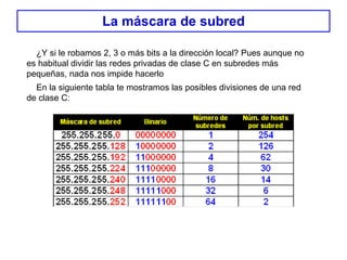 La máscara de subred ¿Y si le robamos 2, 3 o más bits a la dirección local? Pues aunque no es habitual dividir las redes privadas de clase C en subredes más pequeñas, nada nos impide hacerlo En la siguiente tabla te mostramos las posibles divisiones de una red de clase C: 