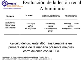 >300 mg/g EE.UU
µg/mg
>25mg/mmol Europa
30-299 mg/g
µg/mg
2,5-25 mg/mmol
g/mol
< 30 mg/g
µg/mg
<2,5mg/mmol
ALBÚMINA/
CREATININA
primomatinal
cálculo del cociente albúmina/creatinina en
primera orina de la mañana presenta mejores
correlaciones con la TEA
PROTEINURIAMICROALBUMINURIANORMALTÉCNICA
Evaluación de la lesión renal.
Albuminuria.
Documento de consenso sobre la Enfermedad Renal Crónica 2012.
SEN, SEMI, SEC, SEEN, SED,SEH-LELHA, semFYC, SEMG, SEMERGE, SEQC.
 
