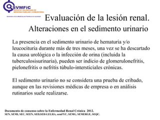 Evaluación de la lesión renal.
Alteraciones en el sedimento urinario
Documento de consenso sobre la Enfermedad Renal Crónica 2012.
SEN, SEMI, SEC, SEEN, SED,SEH-LELHA, semFYC, SEMG, SEMERGE, SEQC.
La presencia en el sedimento urinario de hematuria y/o
leucocituria durante más de tres meses, una vez se ha descartado
la causa urológica o la infección de orina (incluida la
tuberculosisurinaria), pueden ser indicio de glomerulonefritis,
pielonefritis o nefritis túbulo-intersticiales crónicas.
El sedimento urinario no se considera una prueba de cribado,
aunque en las revisiones médicas de empresa o en análisis
rutinarios suele realizarse.
 