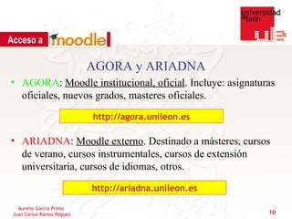 Acceso a

                            AGORA y ARIADNA
• AGORA: Moodle institucional, oficial. Incluye: asignaturas
  oficiales, nuevos grados, masteres oficiales.
                            http://agora.unileon.es

• ARIADNA: Moodle externo. Destinado a másteres, cursos
  de verano, cursos instrumentales, cursos de extensión
  universitaria, cursos de idiomas, otros.

                            http://ariadna.unileon.es

   Aurelio García Primo
 Juan Carlos Ramos Rdguez                                 10
 
