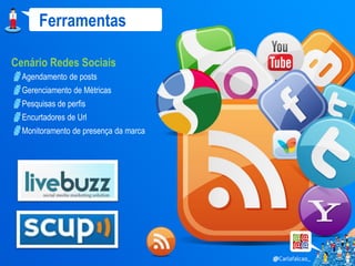 Ferramentas

Cenário Redes Sociais
  Agendamento de posts
  Gerenciamento de Métricas
  Pesquisas de perfis
  Encurtadores de Url
  Monitoramento de presença da marca
 