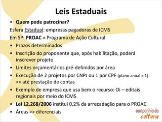 Leis Estaduais
• Quem pode patrocinar?
Esfera Estadual: empresas pagadoras de ICMS
Em SP: PROAC = Programa de Ação Cultural
• Prazos determinados
• Inscrição do proponente que, após habilitação, poderá
inscrever projeto
• Limites orçamentários pré-definidos por área
• Execução de 2 projetos por CNPJ ou 1 por CPF (plano anual = 1)
>> até prestação de contas
• Exemplo de empresa que usa bem o recurso: Oi – editais
regionais por meio do ICMS
• Lei 12.268/2006 institui 0,2% da arrecadação para o PROAC
• Áreas >> diferenciais
 