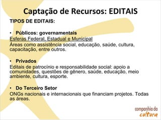 Captação de Recursos: EDITAIS
TIPOS DE EDITAIS:
• Públicos: governamentais
Esferas Federal, Estadual e Municipal
Áreas como assistência social, educação, saúde, cultura,
capacitação, entre outros.
• Privados
Editais de patrocínio e responsabilidade social: apoio a
comunidades, questões de gênero, saúde, educação, meio
ambiente, cultura, esporte.
• Do Terceiro Setor
ONGs nacionais e internacionais que financiam projetos. Todas
as áreas.
 