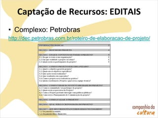 Captação de Recursos: EDITAIS
• Complexo: Petrobras
http://dec.petrobras.com.br/roteiro-de-elaboracao-de-projeto/
 