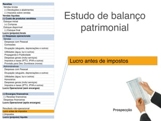 Receitas
 Vendas brutas
  (-) Devoluções e abatimentos


                                              Estudo de balanço
  (-) Impostos sobre vendas
Vendas líquidas
(-) Custo de produtos vendidos
 Estoque inicial


                                                 patrimonial
  (+) Compras
 Estoque disponível
  (-) Estoque ﬁnal
Lucro (prejuízo) bruto
(-) Despesas operacionais
 Vendas
  Despesas com Pessoal
  Comissões
 Ocupação (aluguéis, depreciações e outros)
 Utilidades (água, luz e outros)
 Propaganda e Publicidade
 Despesas gerais (inclui serviços)
 Impostos e taxas (IPTU, IPVA e outros)
 Provisão para Dev. Duvidosos (novos)
                                               Lucro antes de impostos
Administrativas
 Despesas com Pessoal
 Ocupação (aluguéis, depreciações e outros)
 Utilidades (água, luz e outros)
 Honorários
 Despesas gerais (inclui serviços)
 Impostos e taxas (IPTU, IPVA e outros)
Lucro Operacional (sem encargos)

(-) Encargos ﬁnanceiros
 (-) Receitas ﬁnanceiras
 Despesas ﬁnanceiras
Lucro Operacional (após encargos)

Resultado não-operacional
Lucro antes de impostos                                        Prospecção
(-)Impostos
Lucro (prejuízo) líquido
 