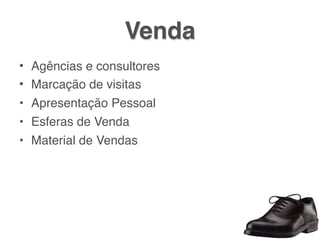 Venda
• Agências e consultores
• Marcação de visitas
• Apresentação Pessoal
• Esferas de Venda
• Material de Vendas
 