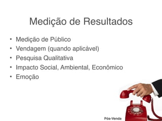Medição de Resultados
• Medição de Público
• Vendagem (quando aplicável)
• Pesquisa Qualitativa
• Impacto Social, Ambiental, Econômico
• Emoção




                               Pós-Venda
 