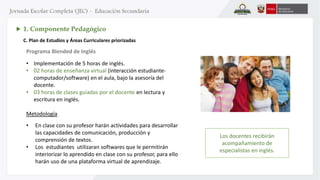 Programa Blended de Inglés
C. Plan de Estudios y Áreas Curriculares priorizadas
1. Componente Pedagógico
• Implementación de 5 horas de inglés.
• 02 horas de enseñanza virtual (interacción estudiante-
computador/software) en el aula, bajo la asesoría del
docente.
• 03 horas de clases guiadas por el docente en lectura y
escritura en inglés.
Metodología
• En clase con su profesor harán actividades para desarrollar
las capacidades de comunicación, producción y
comprensión de textos.
• Los estudiantes utilizaran softwares que le permitirán
interiorizar lo aprendido en clase con su profesor, para ello
harán uso de una plataforma virtual de aprendizaje.
Los docentes recibirán
acompañamiento de
especialistas en inglés.
 