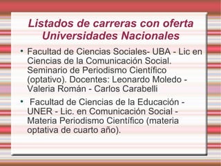 Listados de carreras con oferta Universidades Nacionales Facultad de Ciencias Sociales- UBA - Lic en Ciencias de la Comunicación Social. Seminario de Periodismo Científico (optativo). Docentes: Leonardo Moledo - Valeria Román - Carlos Carabelli Facultad de Ciencias de la Educación - UNER - Lic. en Comunicación Social - Materia Periodismo Científico (materia optativa de cuarto año). 
