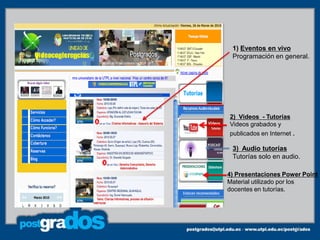 1) Eventos en vivo
 Programación en general.




2) Videos - Tutorías
Videos grabados y
publicados en Internet .

 3) Audio tutorías
 Tutorías solo en audio.

4) Presentaciones Power Point
Material utilizado por los
docentes en tutorías.




                           25
 