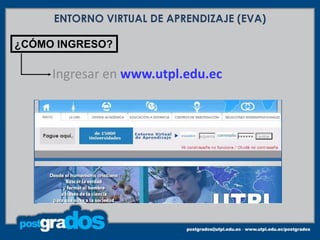 ENTORNO VIRTUAL DE APRENDIZAJE (EVA)

¿CÓMO INGRESO?

     Ingresar en www.utpl.edu.ec
 