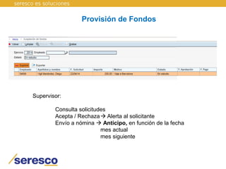 Supervisor:
Consulta solicitudes
Acepta / Rechaza Alerta al solicitante
Envío a nómina  Anticipo, en función de la fecha
mes actual
mes siguiente
Provisión de Fondos
 