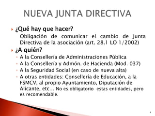    ¿Qué hay que hacer?
        Obligación de comunicar el cambio de Junta
        Directiva de la asociación (art. 28.1 LO 1/2002)
   ¿A quién?
    ◦   A la Consellería de Administraciones Pública
    ◦   A la Consellería y Admón. de Hacienda (Mod. 037)
    ◦   A la Seguridad Social (en caso de nueva alta)
    ◦   A otras entidades: Consellería de Educación, a la
        FSMCV, al propio Ayuntamiento, Diputación de
        Alicante, etc… No es obligatorio estas entidades, pero
        es recomendable.


                                                                 4
 
