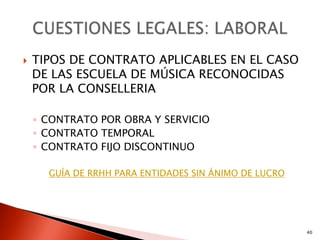    TIPOS DE CONTRATO APLICABLES EN EL CASO
    DE LAS ESCUELA DE MÚSICA RECONOCIDAS
    POR LA CONSELLERIA

    ◦ CONTRATO POR OBRA Y SERVICIO
    ◦ CONTRATO TEMPORAL
    ◦ CONTRATO FIJO DISCONTINUO

      GUÍA DE RRHH PARA ENTIDADES SIN ÁNIMO DE LUCRO




                                                       40
 