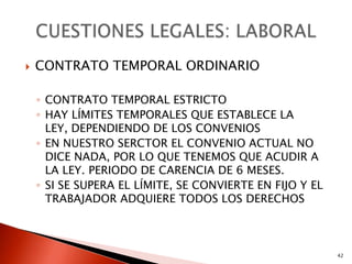    CONTRATO TEMPORAL ORDINARIO

    ◦ CONTRATO TEMPORAL ESTRICTO
    ◦ HAY LÍMITES TEMPORALES QUE ESTABLECE LA
      LEY, DEPENDIENDO DE LOS CONVENIOS
    ◦ EN NUESTRO SERCTOR EL CONVENIO ACTUAL NO
      DICE NADA, POR LO QUE TENEMOS QUE ACUDIR A
      LA LEY. PERIODO DE CARENCIA DE 6 MESES.
    ◦ SI SE SUPERA EL LÍMITE, SE CONVIERTE EN FIJO Y EL
      TRABAJADOR ADQUIERE TODOS LOS DERECHOS



                                                          42
 