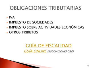    IVA
   IMPUESTO DE SOCIEDADES
   IMPUESTO SOBRE ACTIVIDADES ECONÓMICAS
   OTROS TRIBUTOS



            GUÍA DE FISCALIDAD
           GUÍA ONLINE   (ASOCIACIONES.ORG)




                                              45
 