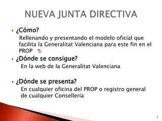    ¿Cómo?
    Rellenando y presentando el modelo oficial que
    facilita la Generalitat Valenciana para este fin en el
    PROP
   ¿Dónde se consigue?
     En la web de la Generalitat Valenciana

   ¿Dónde se presenta?
     En cualquier oficina del PROP o registro general
     de cualquier Consellería


                                                             5
 