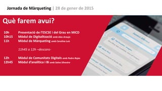 Jornada de Màrqueting | 28 de gener de 2015
Què farem avui?
10h Presentació de l’ESCSE i del Grau en MiCD
10h15 Mòdul de Digitalització amb Alex Araujo
11h Mòdul de Màrqueting amb Carolina Luís
11h45 a 12h –descans-
12h Mòdul de Comunitats Digitals amb Pedro Rojas
12h45 Mòdul d’analítica i Bi amb Salva Silvestre
 