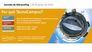 Per què TecnoCampus?
Jornada de Màrqueting | 28 de gener de 2015
Grau en Administració d’empreses i gestió de la innovació
Grau en Turisme i gestió del lleure
Grau en Màrqueting i comunitats digitals
Doble Grau en Ade + Turisme
Doble Grau en Ade + MiCD
#més de 100 empreses #incubadora #mobilitat
internacional #beques #pràctiques #campus
singular
 