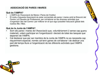 ASSOCIACIÓ DE PARES I MARES   Què és l’AMPA? L’AMPA és l’Associació de Mares i Pares de l’institut.  El motiu d’aquesta Associació és estar connectats els pares i mares amb la Direcció del Centre i el Claustre de Professorat, per col·laborar en les diverses activitats que s’organitzin des del Centre i per millorar en el que sigui possible l’educació global dels nostres fills i filles. Què és la Junta de l’AMPA? Som els pares i mares de l’Associació que, voluntàriament (i sense cap guany material), volem participar en l’organització i decisió de totes les tasques que depenen de l’AMPA.  Cal destacar que per ser membre de la Junta de l’AMPA no es necessita cap requeriment especial, només cal tenir ganes de col·laborar i de dedicar una part del temps lliure a l’organització de les diferents activitats que l’AMPA gestiona. 