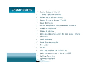 
   6 aules d’educació infantil
   12 aules d’educació primària
   8 aules d’educació secundària
   3 aules de reforç i 1 Aula d’Acollida
   1 aula de música
   2 aules d’informàtica amb ordinadors en xarxa
   1 taller de tecnologia
   1 taller de plàstica
   1 laboratori de coneixement del medi social i natural
   1 biblioteca
   1 sala polivalent
   1 aula de psicomotricitat
   2 menjadors
   1 cuina
   1 pati pels alumnes de P3 fins a P5
   1 pati pels alumnes de 1r fins a 4t d’ESO
   1 pista poliesportiva
   1 gimnàs i vestidors
 