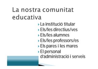  La institució titular
 Els/les directius/ves
 Els/les alumnes
 Els/les professors/es
 Els pares i les mares
 El personal
  d’administració i serveis
 