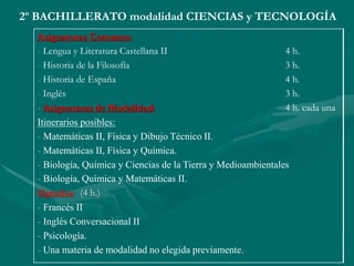 2º BACHILLERATO modalidad CIENCIAS y TECNOLOGÍA
Asignaturas Comunes:
- Lengua y Literatura Castellana II 4 h.
- Historia de la Filosofía 3 h.
- Historia de España 4 h.
- Inglés 3 h.
- Asignaturas de Modalidad: 4 h. cada una
Itinerarios posibles:
- Matemáticas II, Física y Dibujo Técnico II.
- Matemáticas II, Física y Química.
- Biología, Química y Ciencias de la Tierra y Medioambientales
- Biología, Química y Matemáticas II.
Optativa: (4 h.)
- Francés II
- Inglés Conversacional II
- Psicología.
- Una materia de modalidad no elegida previamente.
 