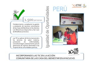 Igualdad de Oportunidades
                                                                          PERÚ
                  1.500 personas
Fortalecimiento y ampliación la gestión
y prestación de servicios comunitarios
de las Casas del BienEstar en los distritos
Los Morochucos (Ayacucho) y San Juan
de Miraflores (Lima Sur).



Las TIC se aplican de forma transversal a
los servicios de salud materna,
prevención        de      enfermedades,
consultoría legal y asesoramiento para la
generación de ingresos destinados a las
mujeres de las comunidades quechua,




     INCORPORANDO LAS TIC EN LA ACCIÓN
     COMUNITARIA DE LAS CASA DEL BIENESTAR EN AYACUCHO.
 