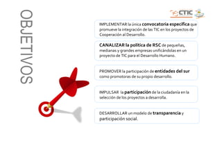 OBJETIVOS   IMPLEMENTAR la única convocatoria específica que
            promueve la integración de las TIC en los proyectos de
            Cooperación al Desarrollo.

            CANALIZAR la política de RSC de pequeñas,
            medianas y grandes empresas unificándolas en un
            proyecto de TIC para el Desarrollo Humano.


            PROMOVER la participación de entidades del sur
            como promotoras de su propio desarrollo.


            IMPULSAR la participación de la ciudadanía en la
            selección de los proyectos a desarrolla.


            DESARROLLAR un modelo de transparencia y
            participación social.
 