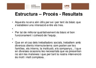 Estructura – Procés - Resultats
• Aquests no ens són útils per se i per tant és bàsic que
  s'estableixi una interacció entre els tres.
•
• Per tal de millorar qualitativament és bàsic el bon
  funcionament i cohesió de l'equip.
•
• Que en el cas dels treballadors socials, treballem amb
  diversos clients interns/externs com poden ser les
  famílies, els interns, la institució, els companys... I que
  en diverses ocasions les necessitats que es presenten
  no són les mateixes i que per tant la nostra intervenció
  és molt i molt complexa.
 