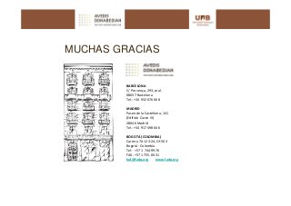 MUCHAS GRACIAS


         BARCELONA
         C/ Provença, 293, pral.
         08037 Barcelona   
         Tel.: +34 932 076 608

         MADRID
         Paseo de la Castellana, 141
         (Edificio Cuzco IV) 
         28046 Madrid  
         Tel.: +34 917 498 046

         BOGOTÁ (COLOMBIA) 
         Carrera 7A 123‐24, Of.503
         Bogotá ‐ Colombia 
         Tel:  +57 1 744.99.76
         FAX: +57 1 755.00.31
         fad@fadq.org      www.fadq.org
 