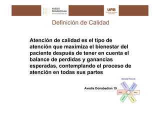 Definición de Calidad

Atención de calidad es el tipo de
atención que maximiza el bienestar del
paciente después de tener en cuenta el
balance de perdidas y ganancias
esperadas, contemplando el proceso de
atención en todas sus partes

                    Avedis Donabedian 1980
 