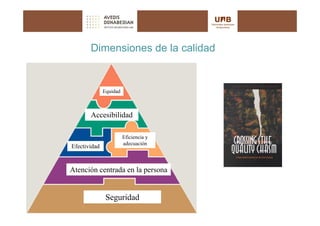 Dimensiones de la calidad

Health care should be:
• Safe             Equidad


• Effective
               Accesibilidad
• Patient-centered
• Timely                   Eficiencia y
                           adecuación
       Efectividad
• Efficient
          Atención centrada en la persona


                       Seguridad
 