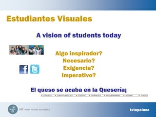 COACALCOCUAUTITLÁN IZCALLIECATEPECIXTAPALUCANICOLÁS ROMEROTECÁMACTEXCOCOEstudiantes VisualesA vision of studentstodayAlgo inspirador?Necesario? Exigencia?Imperativo?El queso se acaba en la Quesería¡ Ixtapaluca