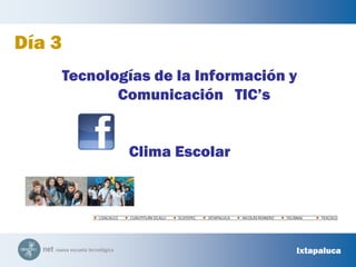 COACALCOCUAUTITLÁN IZCALLIECATEPECIXTAPALUCANICOLÁS ROMEROTECÁMACTEXCOCODía 3Tecnologías de la Información y Comunicación   TIC’sClima EscolarIxtapaluca