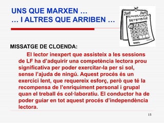 15
UNS QUE MARXEN …
… I ALTRES QUE ARRIBEN …
MISSATGE DE CLOENDA:
El lector inexpert que assisteix a les sessions
de LF ha d’adquirir una competència lectora prou
significativa per poder exercitar-la per si sol,
sense l’ajuda de ningú. Aquest procés és un
exercici lent, que requereix esforç, però que té la
recompensa de l’enriquiment personal i grupal
quan el treball és col·laboratiu. El conductor ha de
poder guiar en tot aquest procés d’independència
lectora.
 