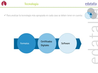 Tecnología


 Para analizar la tecnología más apropiada en cada caso se deben tener en cuenta:




                                      Certificados
                 Formatos                                  Software
                                      Digitales
 