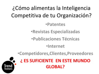 ¿C ómo alimentas la Inteligencia Competitiva de tu Organización? Patentes Revistas Especializadas Publicaciones Técnicas Internet Competidores,Clientes,Proveedores ¿ ES SUFICIENTE  EN ESTE MUNDO GLOBAL? 