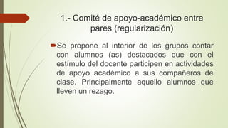 1.- Comité de apoyo-académico entre
pares (regularización)
Se propone al interior de los grupos contar
con alumnos (as) destacados que con el
estímulo del docente participen en actividades
de apoyo académico a sus compañeros de
clase. Principalmente aquello alumnos que
lleven un rezago.
 