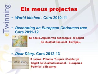 Els meus projectes
• World kitchen . Curs 2010-11
• Decorating an European Christmas tree
Curs 2011-12
63 socis. Alguns van aconseguir el Segell
de Qualitat Nacional i Europeu.
• Dear Diary. Curs 2012-13
3 països: Polònia, Turquia i Catalunya
Segell de Qualitat Nacional i Europeu a
Polònia i a Espanya
 