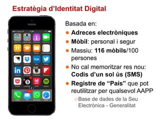 Estratègia d’Identitat Digital
Basada en:
● Adreces electròniques
● Mòbil: personal i segur
● Massiu: 116 mòbils/100
perso...