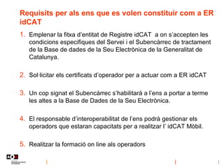 Requisits per als ens que es volen constituir com a ER
idCAT
1. Emplenar la fitxa d’entitat de Registre idCAT a on s’accep...